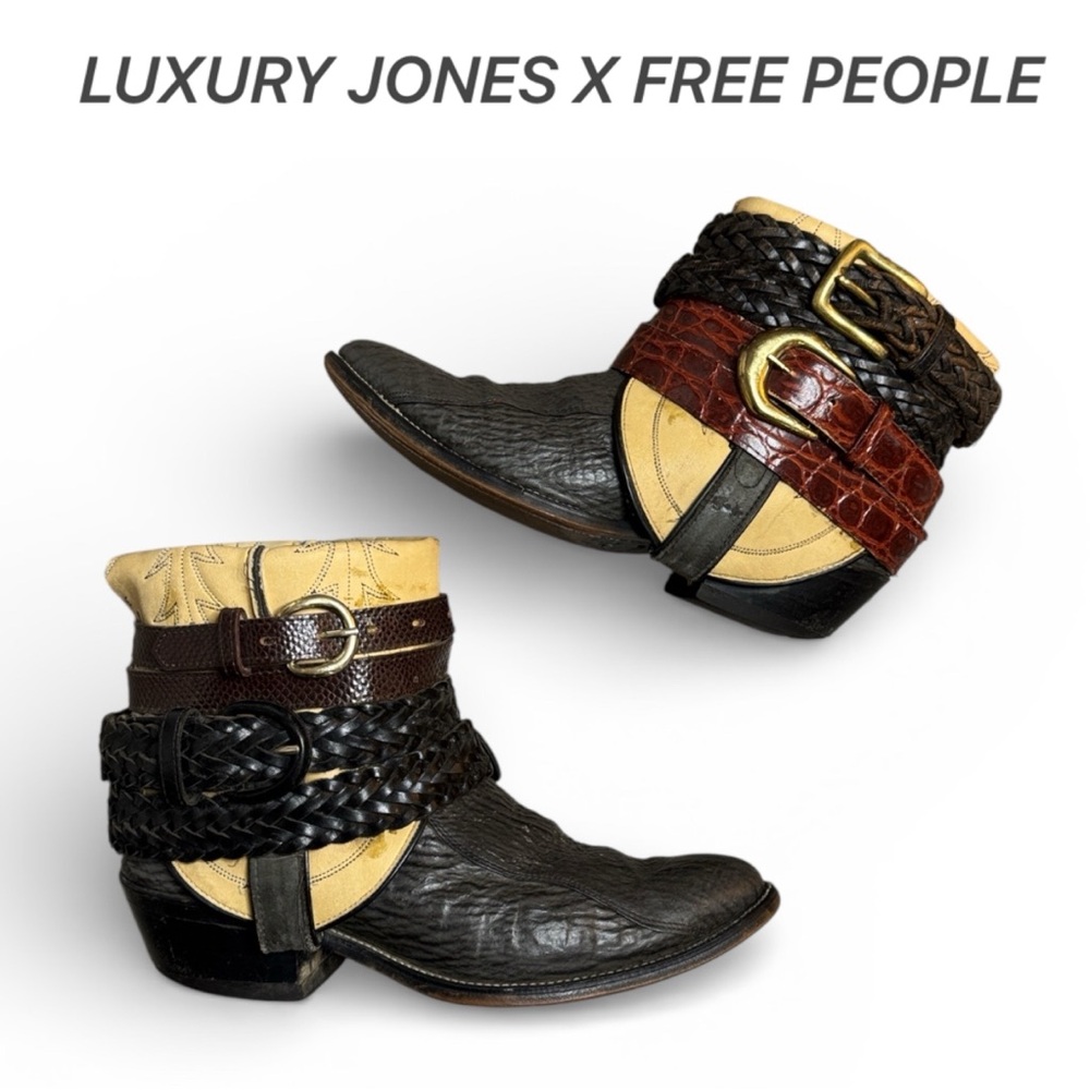 LUXURY JONES FOR FREE PEOPLE BELTED TEXTURED LEATHER WESTERN BOHO ANKLE BOOTS